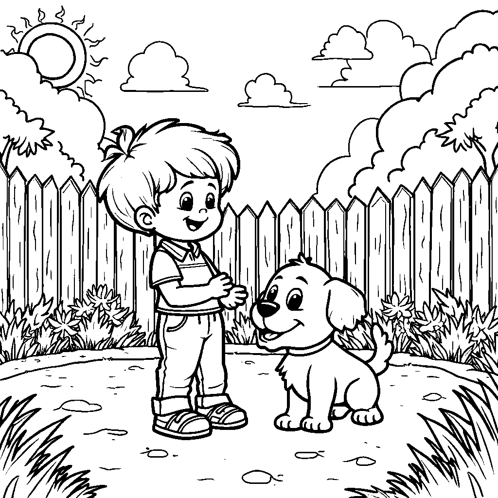 A sunny day with JJ playing with a puppy in a backyard