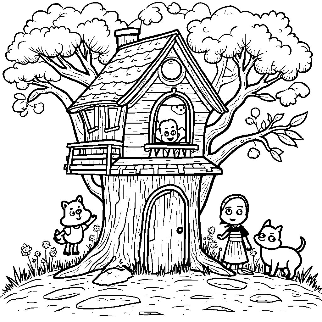 A whimsical treehouse where JJ and friends are having an adventure