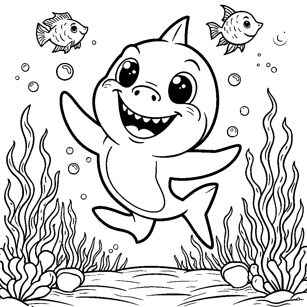 Baby shark dancing under the sea with bubbles and fish