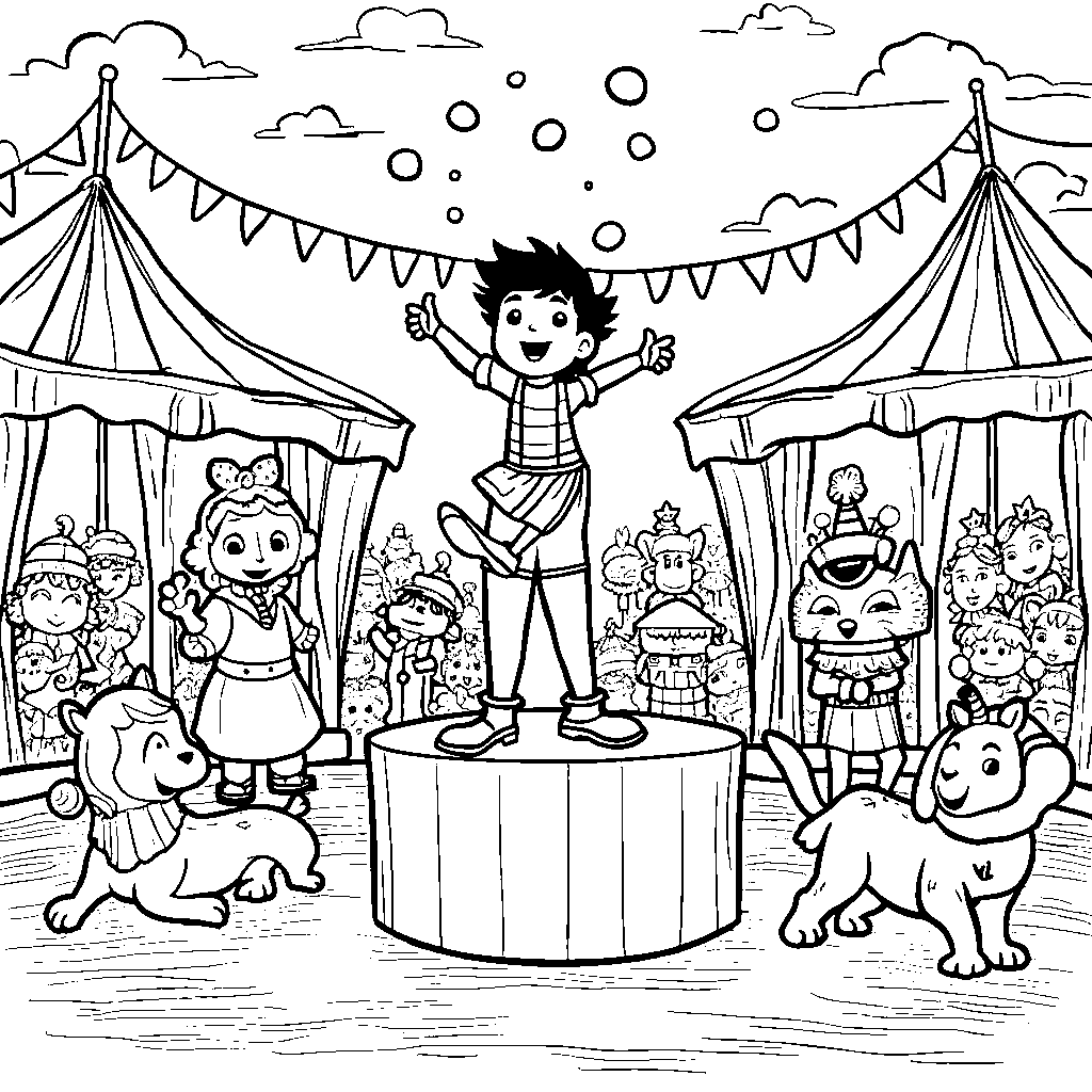 A circus scene with Cocomelon characters as performers