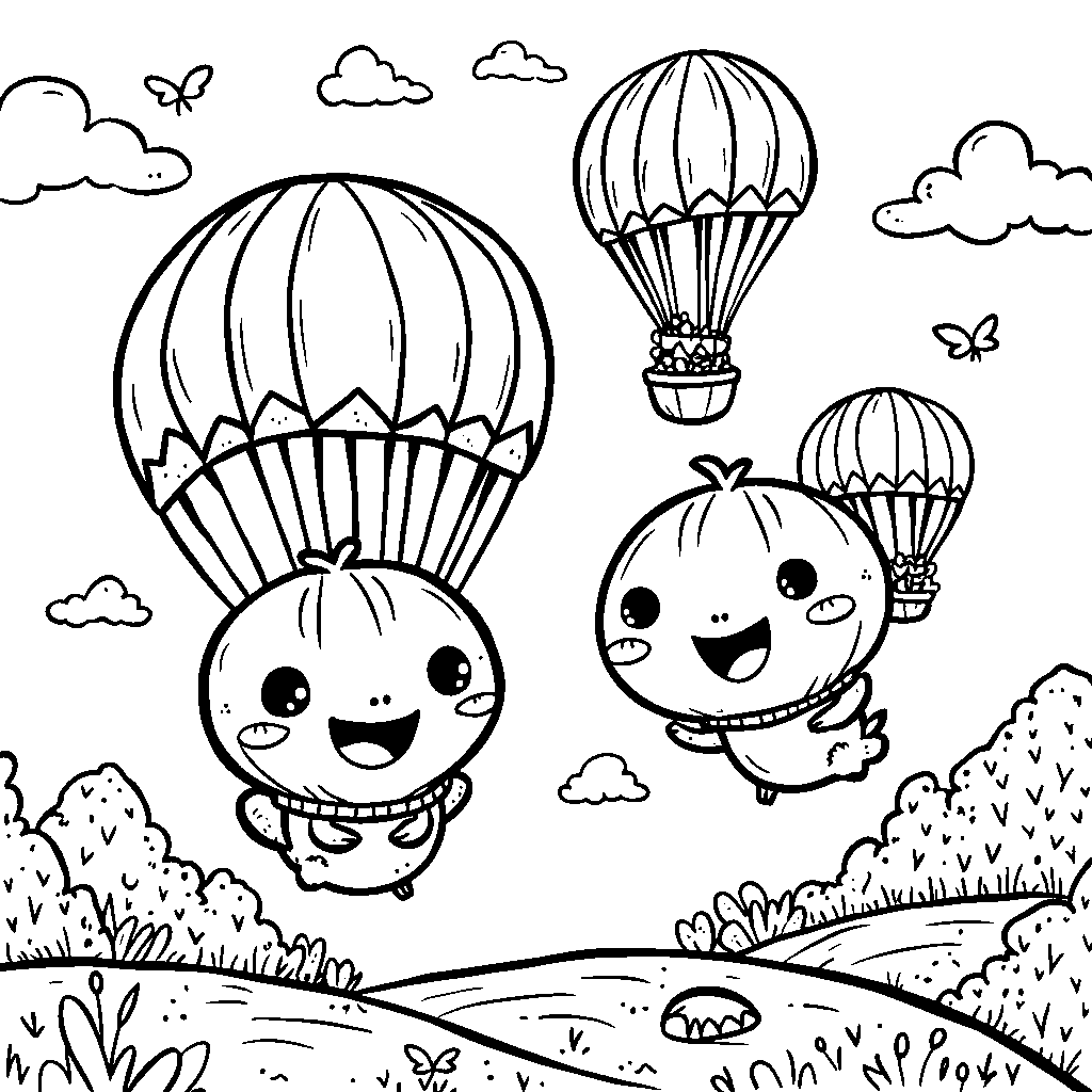 Cocomelon characters flying with colorful parachutes in the sky