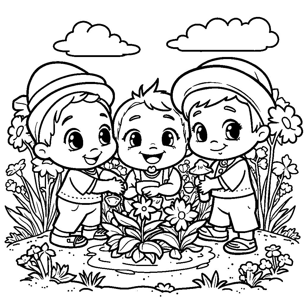 Cocomelon characters planting a flower garden together