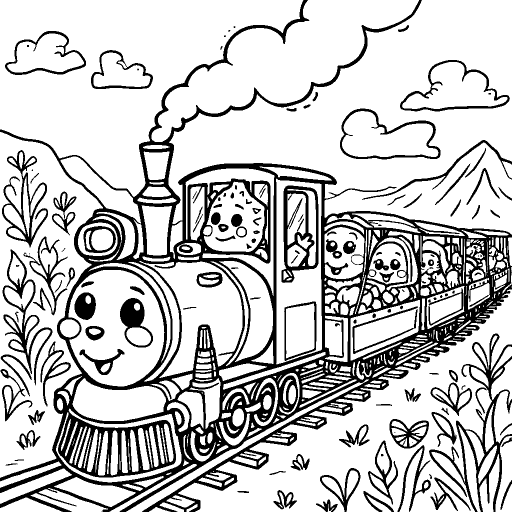 Cocomelon characters taking a fun train ride through a magical land