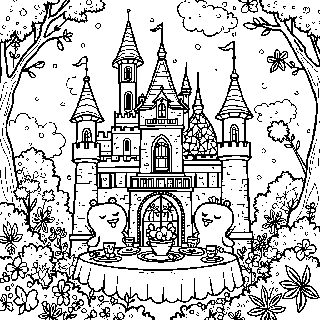 A fairy tale castle with Cocomelon characters having a tea party