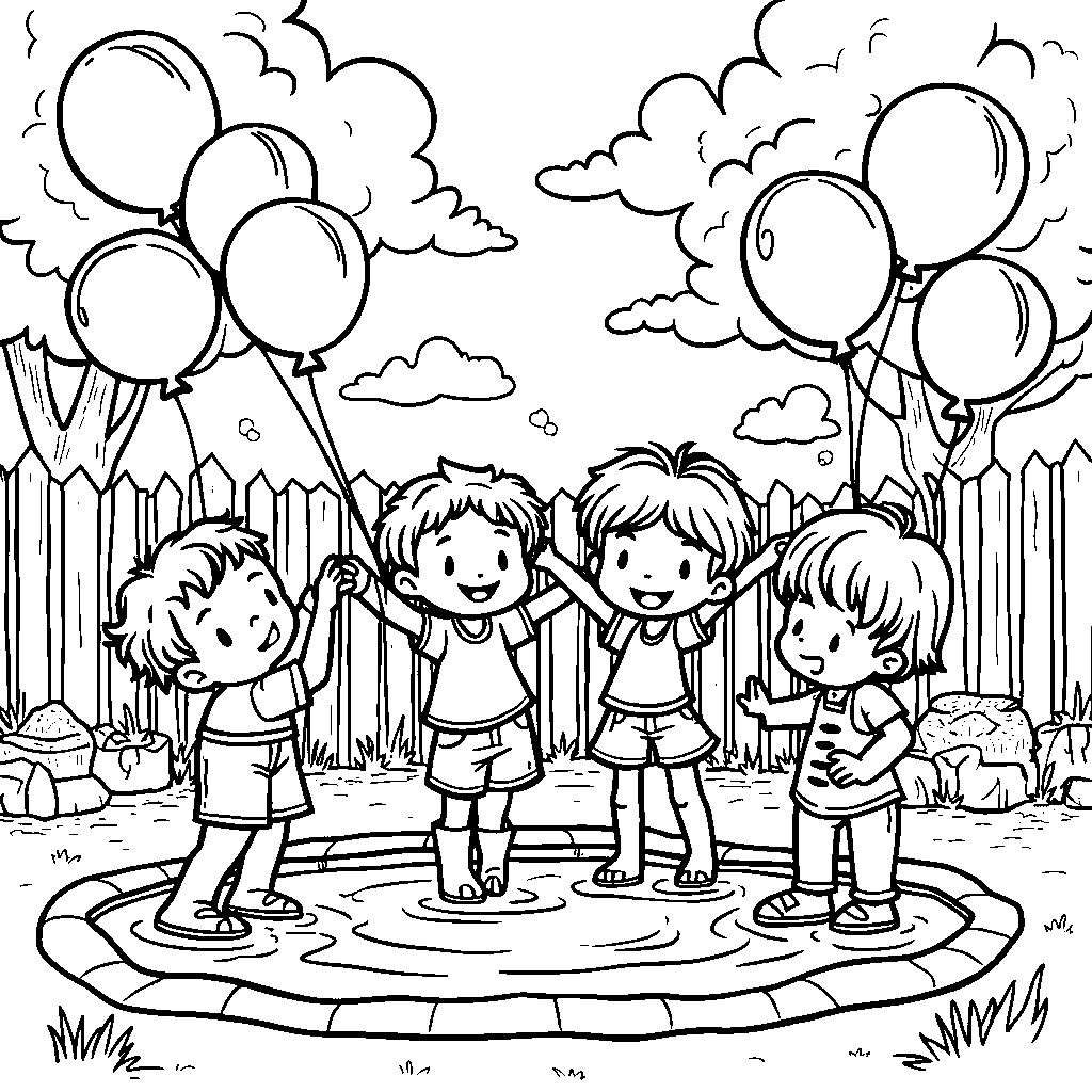 JJ and his friends having a water balloon fight on a hot day