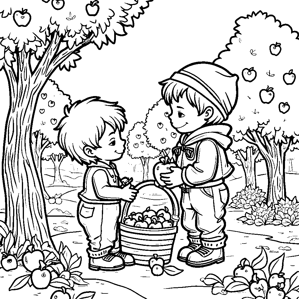 JJ and Tomtom picking apples in an orchard during fall