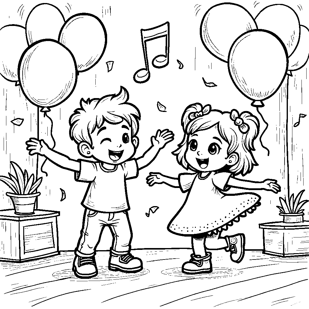 JJ and YoYo having a dance party with balloons and music notes