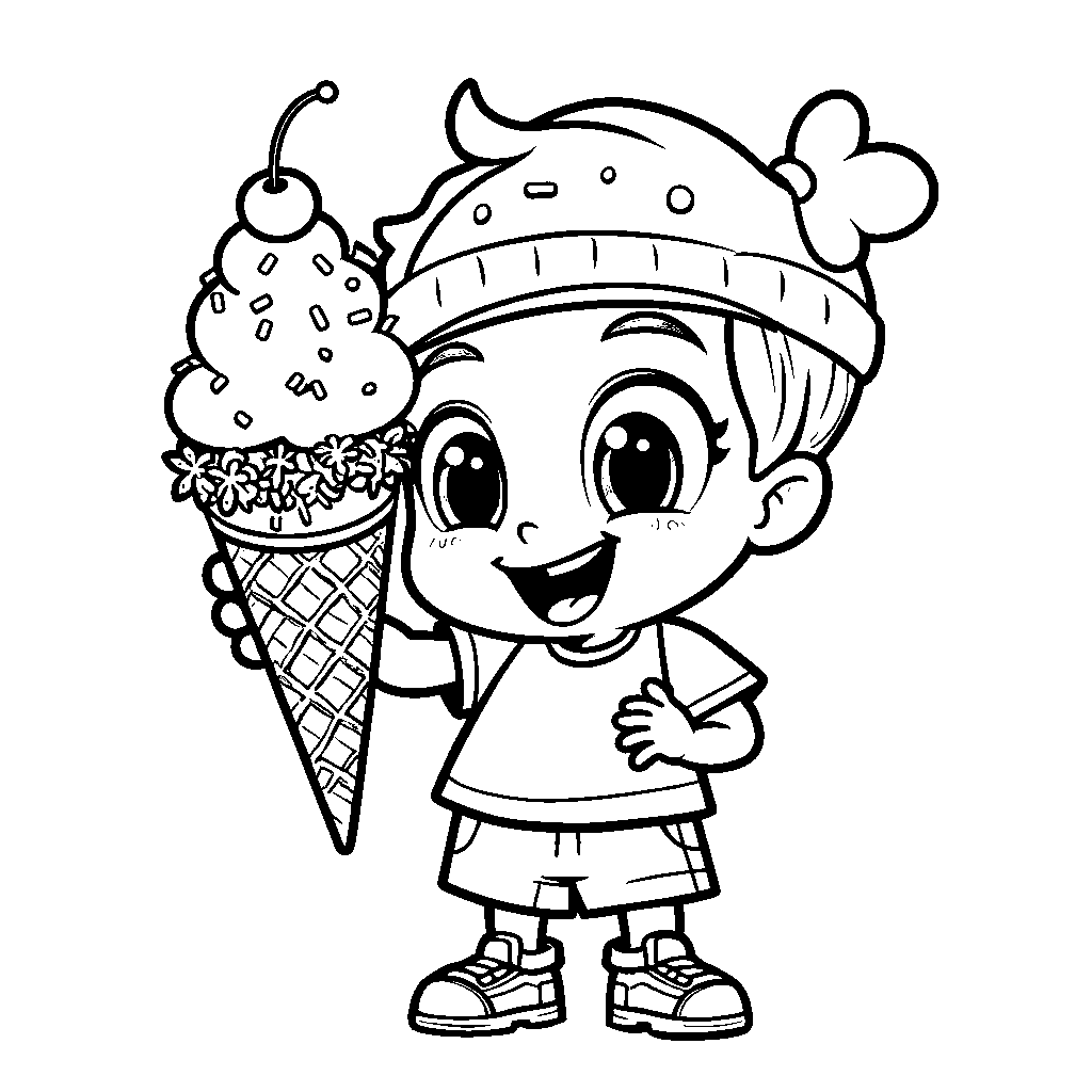 JJ holding a giant ice cream cone with sprinkles and a cherry