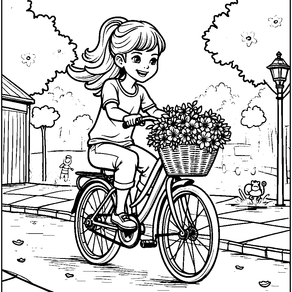 JJ riding a bicycle with a basket full of flowers