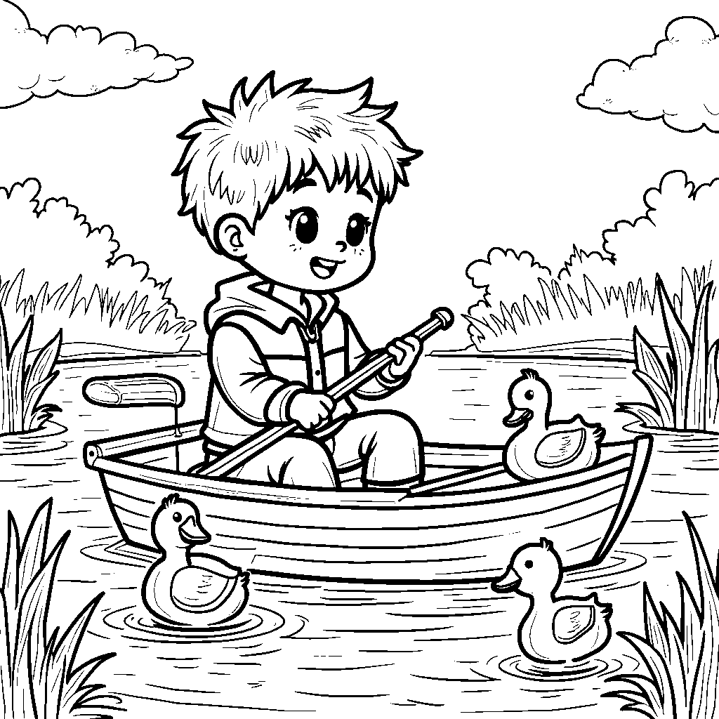 JJ sailing a toy boat in a pond with floating ducks