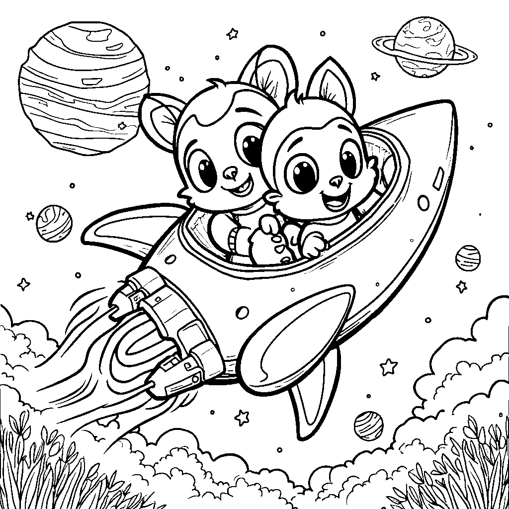 Tomtom and JJ exploring outer space in a colorful rocket ship