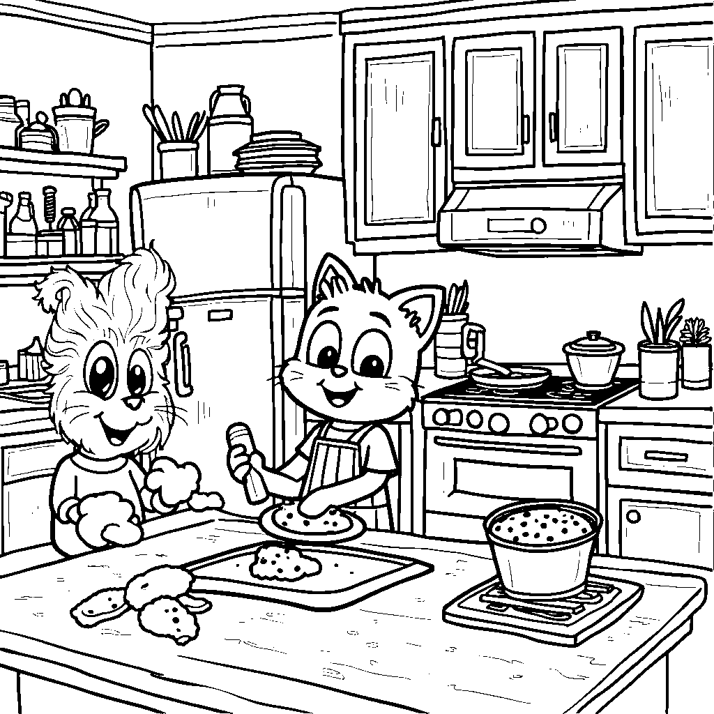 Tomtom and YoYo baking cookies in a colorful kitchen