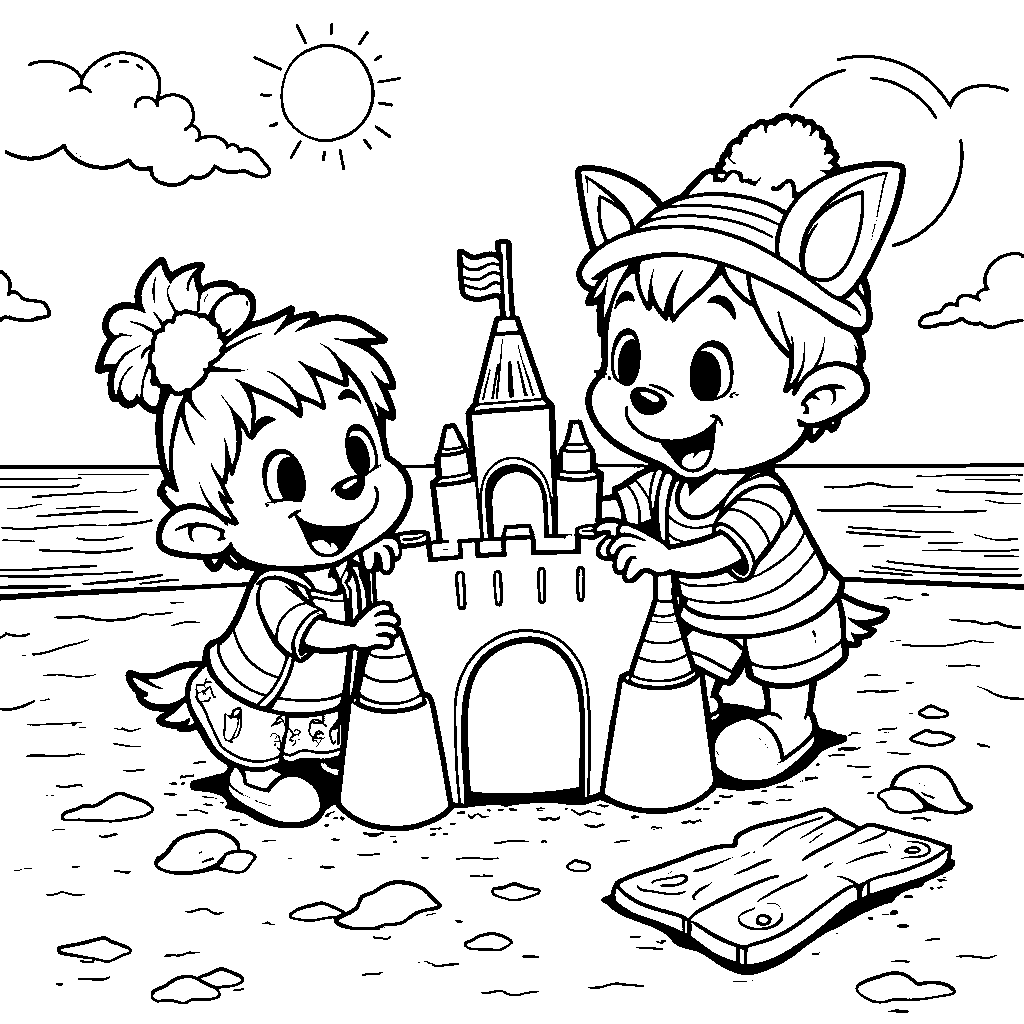 Tomtom and YoYo building a sandcastle at the beach