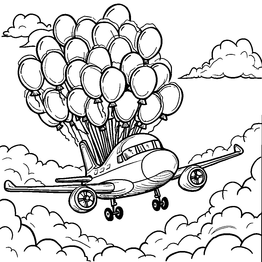 Airplane carrying a bouquet of colorful balloons