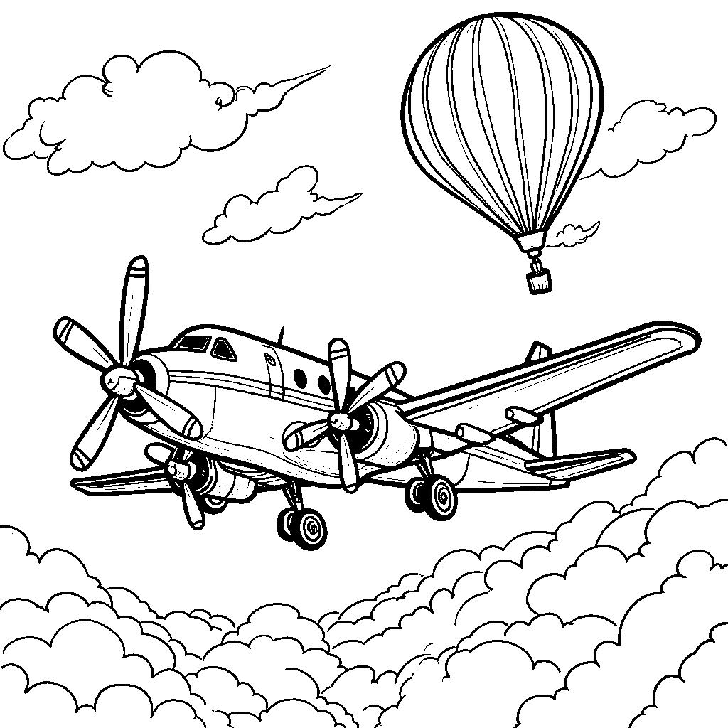 Airplane flying alongside a hot air balloon