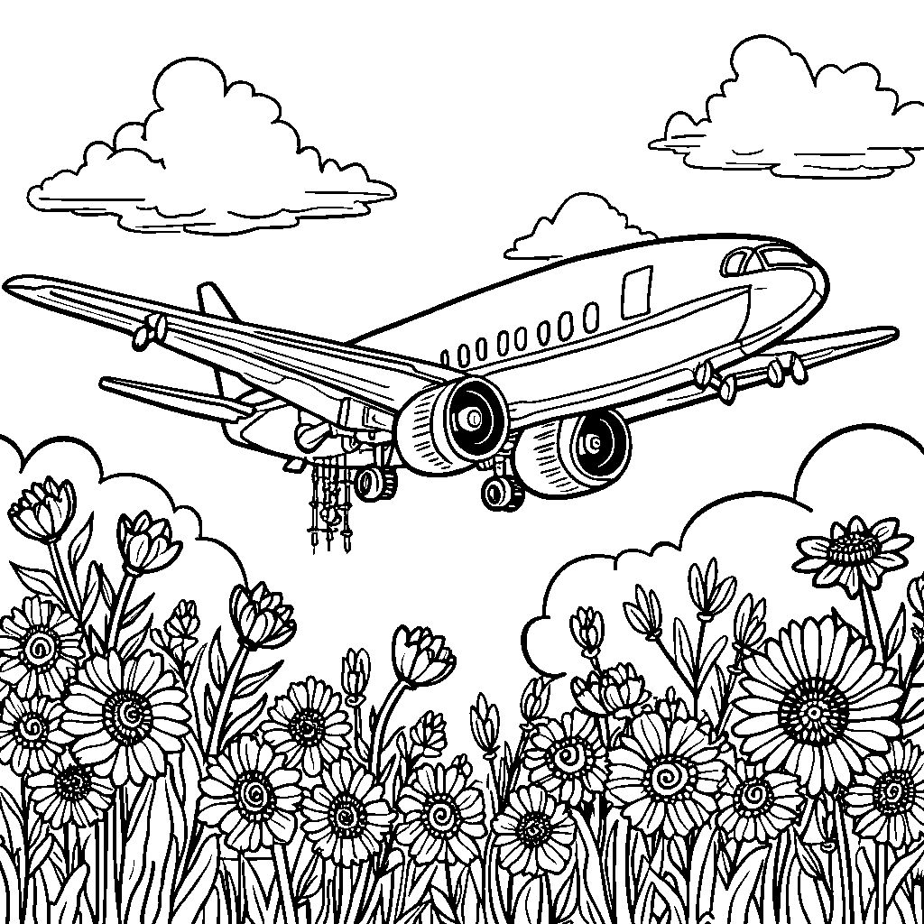 Airplane flying over a beautiful garden with flowers