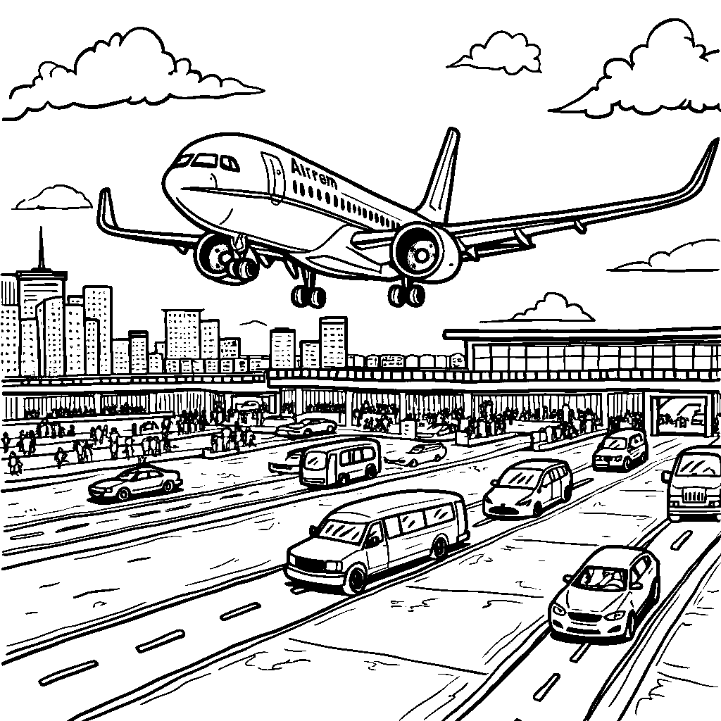 Airplane flying over a bustling airport with lots of activity