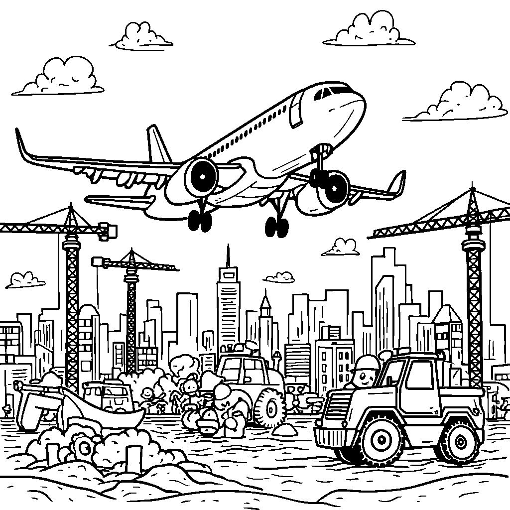 Airplane flying over a busy construction site