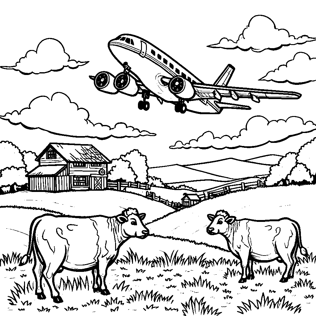 Airplane flying over a farm with cows and sheep