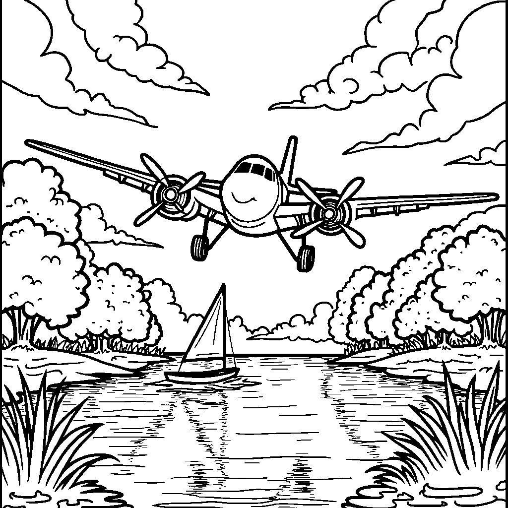 Airplane flying over a sparkling lake with sailboats