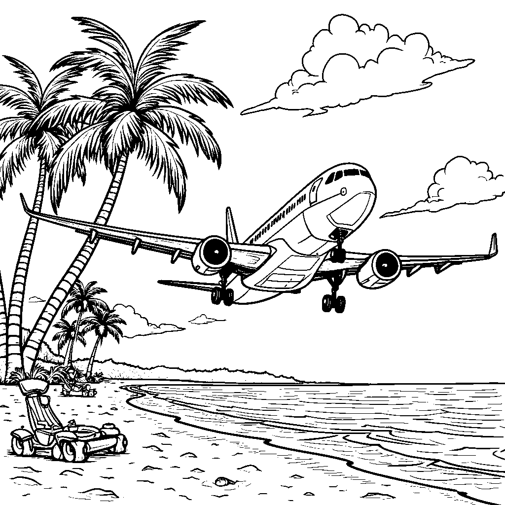 Airplane flying over a sunny beach with palm trees