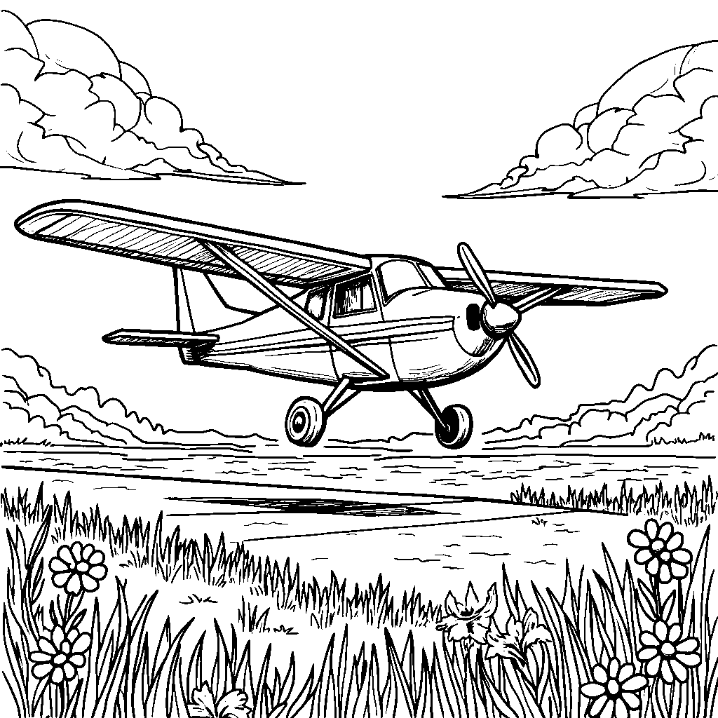 Airplane landing on a grassy runway with wildflowers