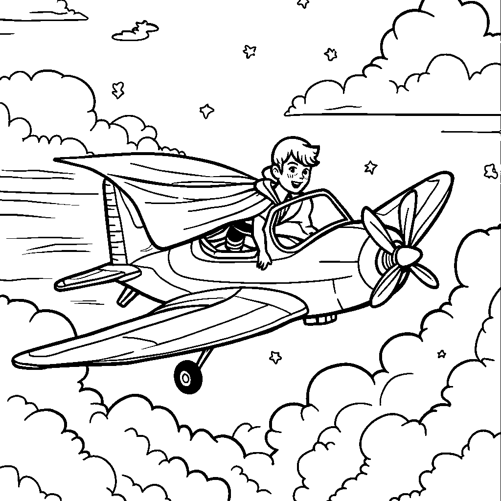 Airplane with a superhero cape flying through the sky