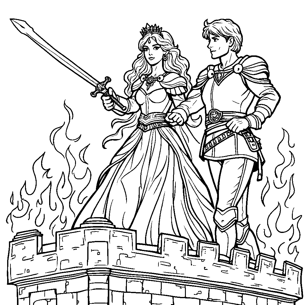 A brave princess saving a prince from a castle tower