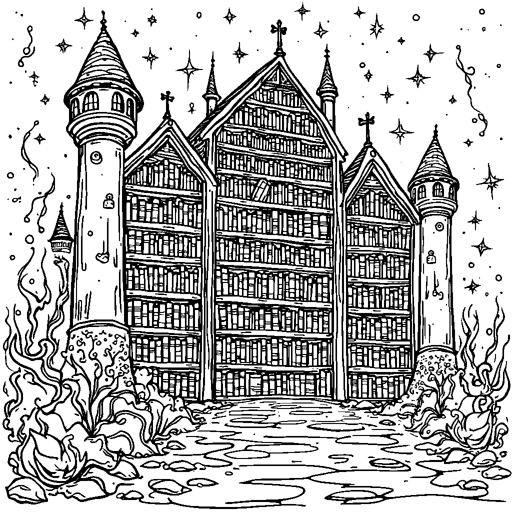 A castle with a giant bookshelf filled with magic books