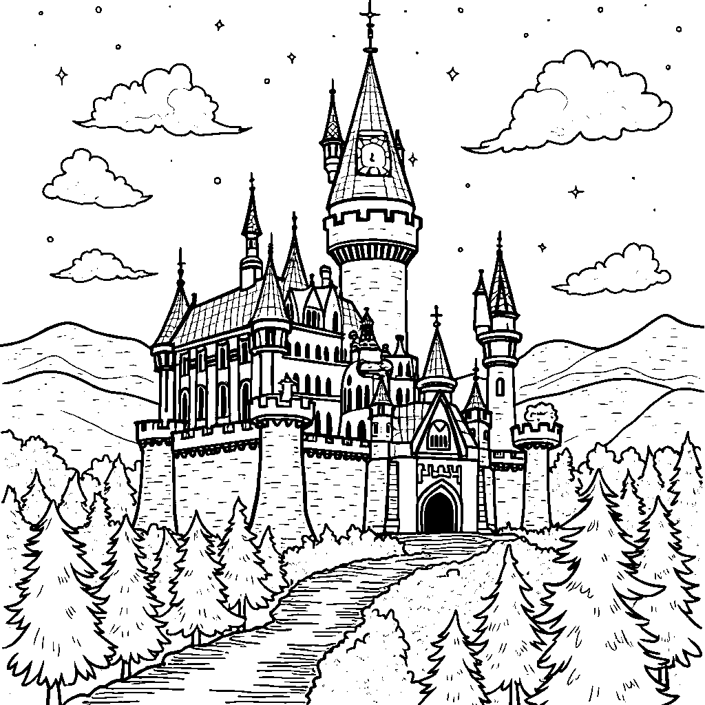 A castle with a giant clock tower ticking away