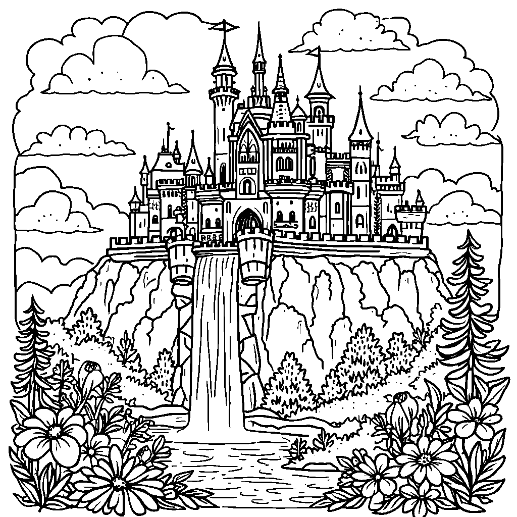 A castle with a giant rainbow-colored waterfall