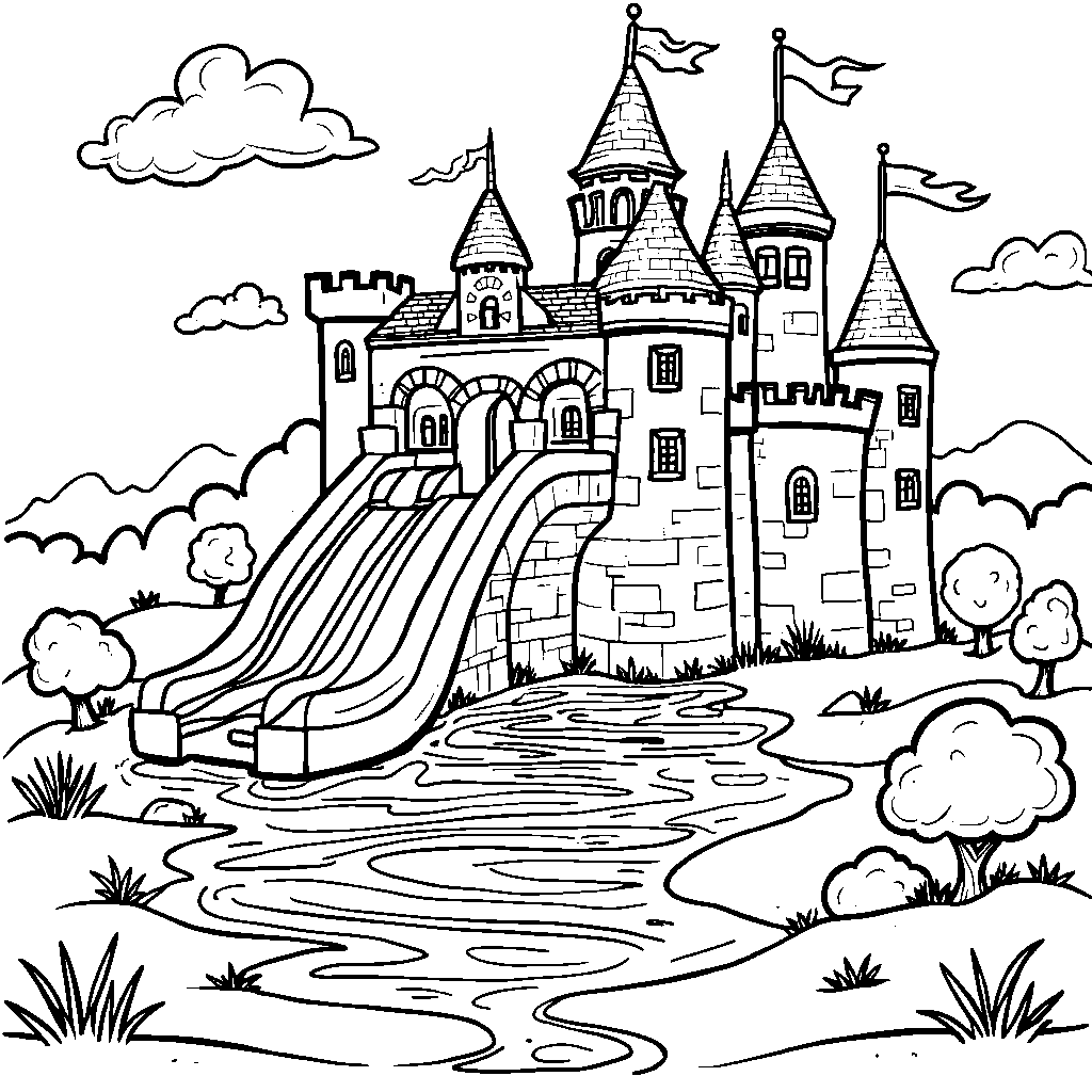 A castle with a giant slide leading to a bouncy castle