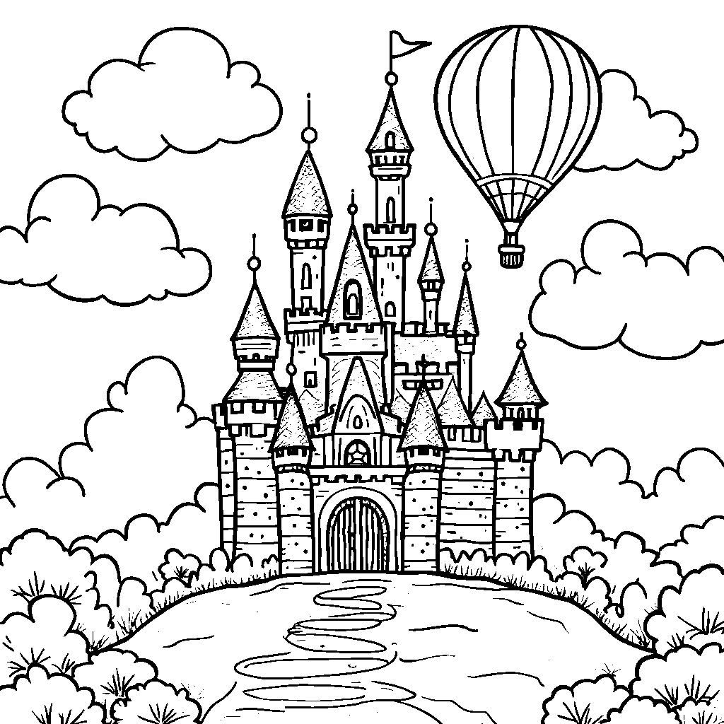 A castle with a hot air balloon floating above