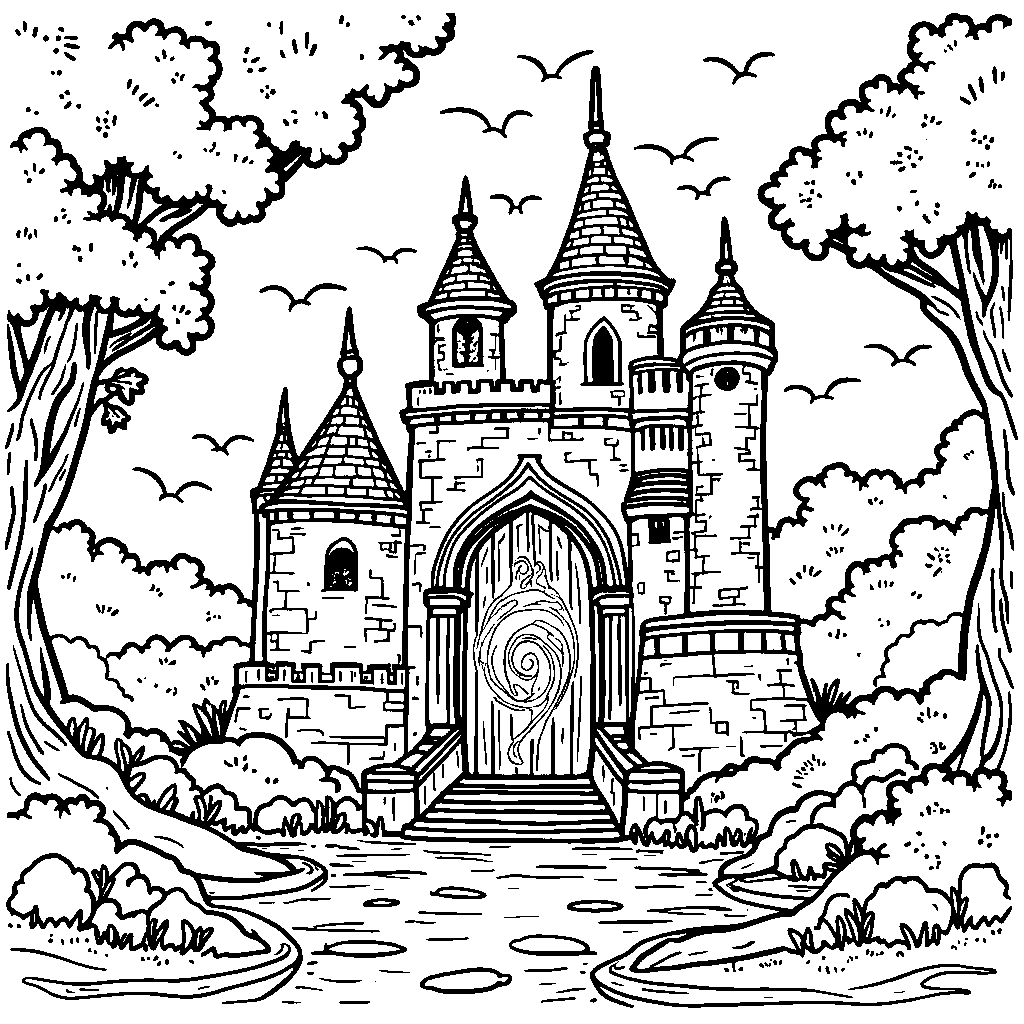 A castle with a magical portal leading to another world