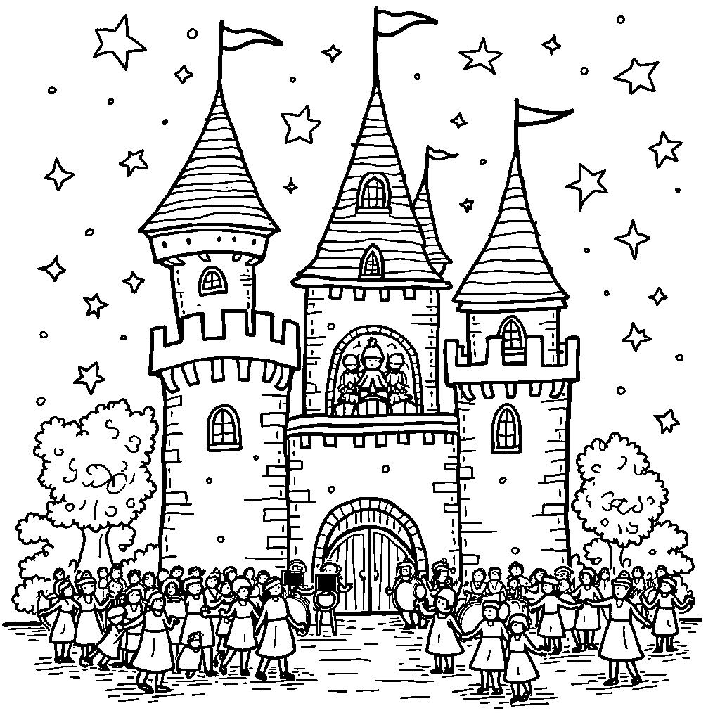 A castle with a musical band playing on the roof