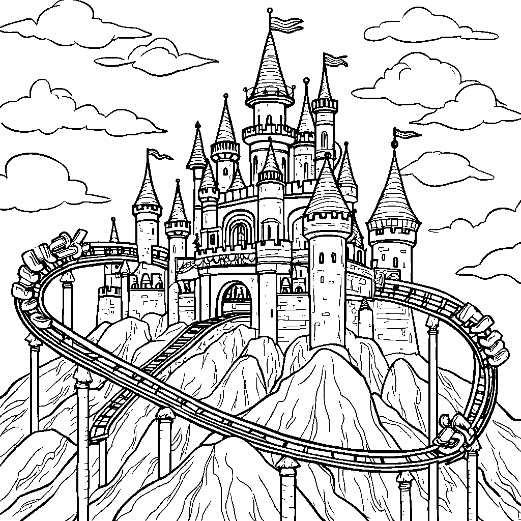 A castle with a rollercoaster winding around it