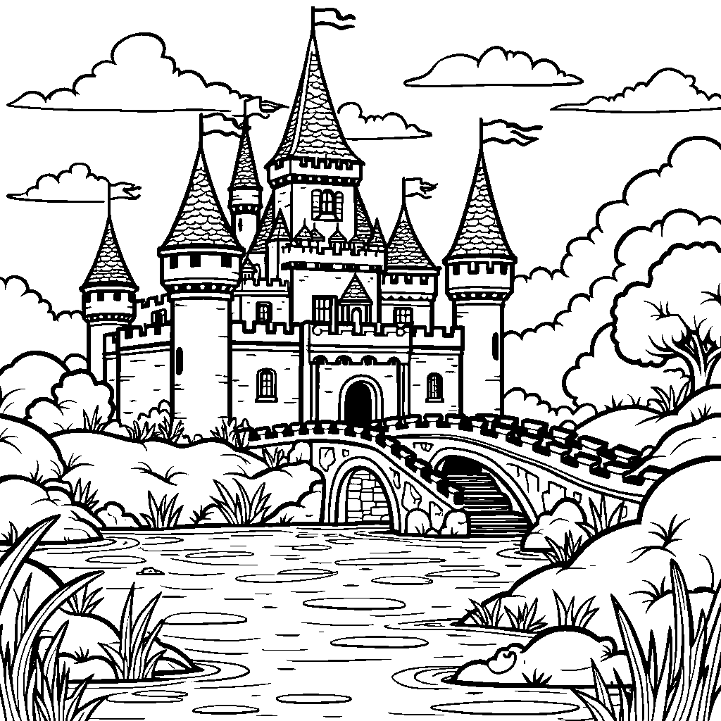 A castle with a working drawbridge and moat