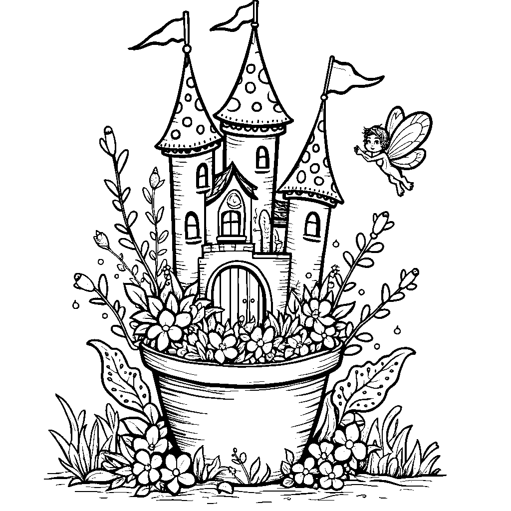 A fairy's tiny castle hidden in a flower pot