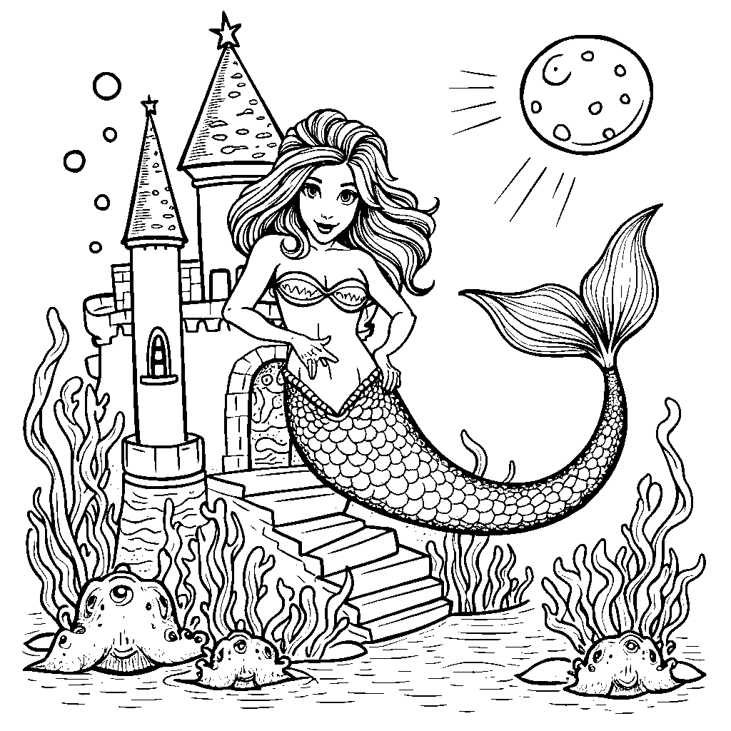 A mermaid swimming up to an underwater castle