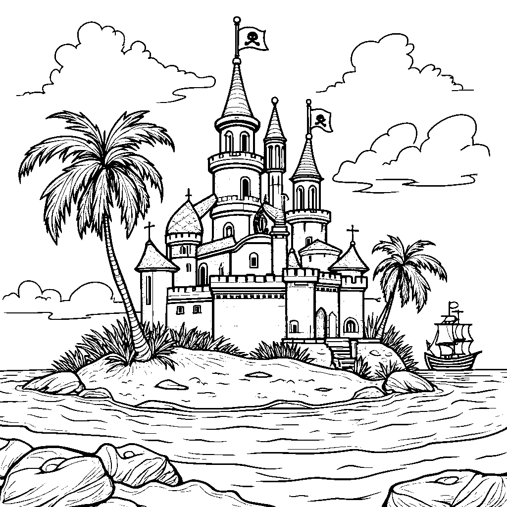 A pirate's treasure castle on a deserted island