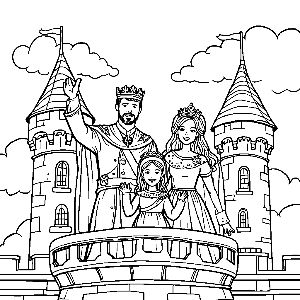 A royal family waving from a castle balcony