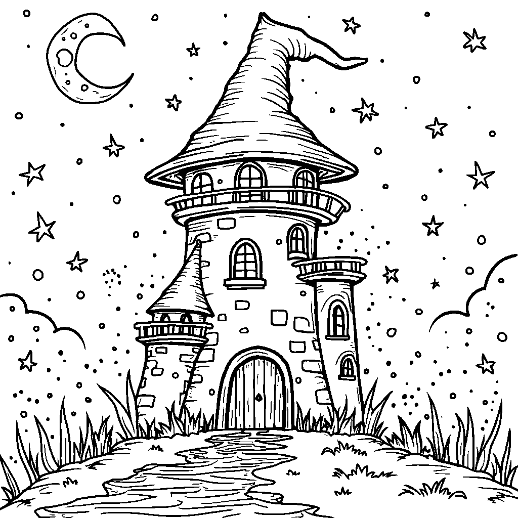 A wizard's tower with stars and moons shining bright