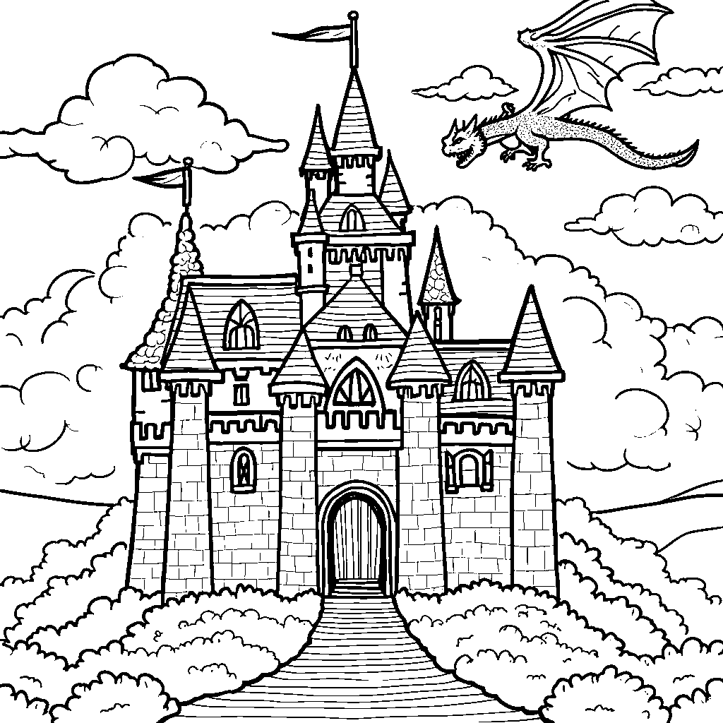 Castle with a dragon flying overhead