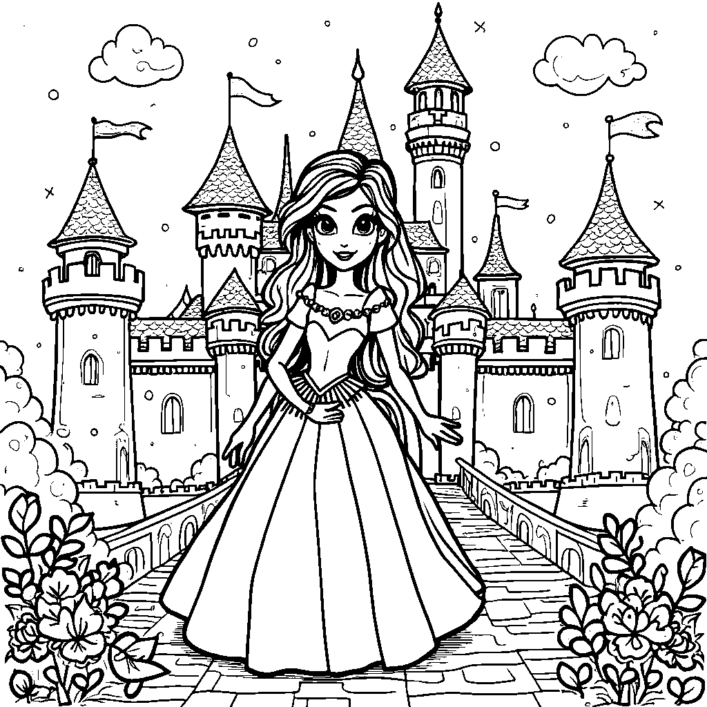 A fairy princess standing in front of a sparkly castle