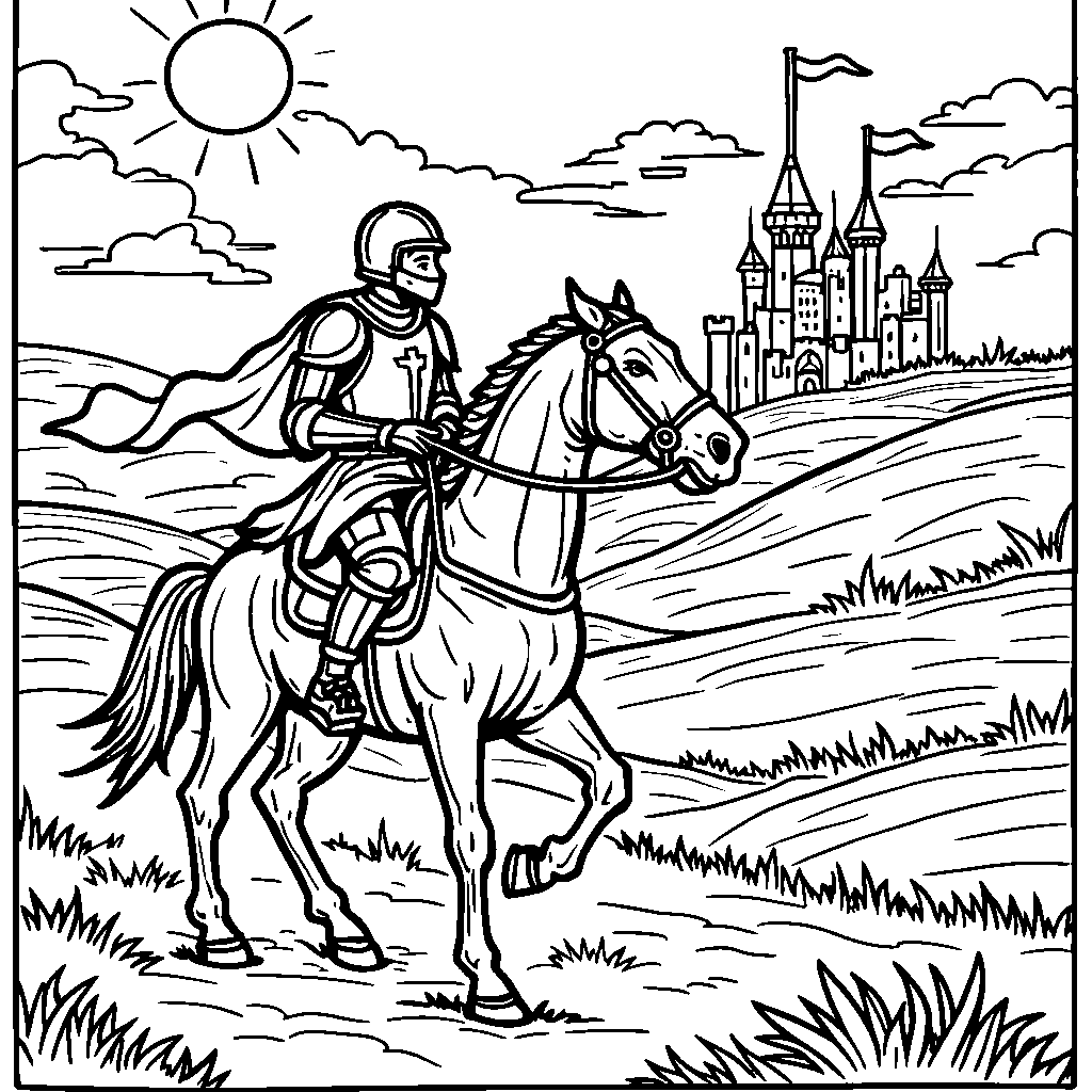 A medieval knight riding a horse towards a castle