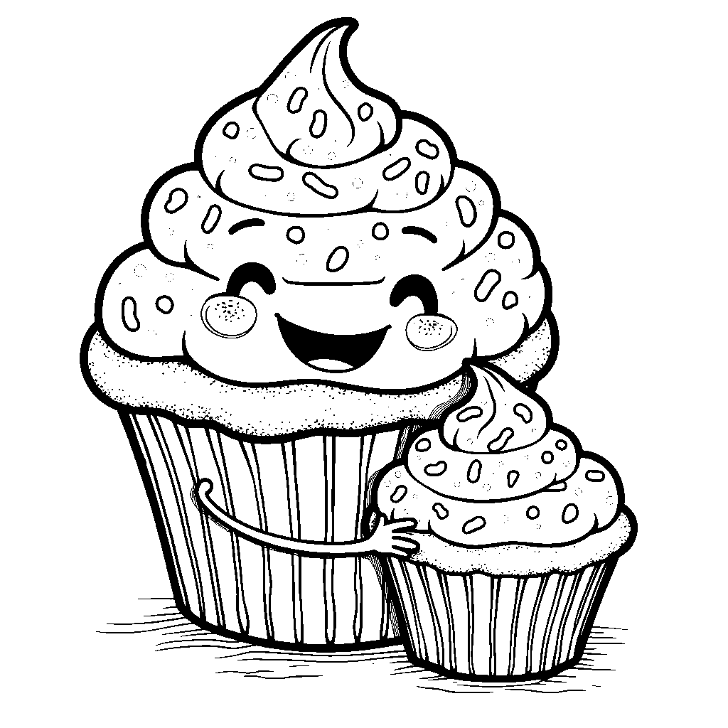 A giant cupcake with a face and arms hugging a smaller cupcake