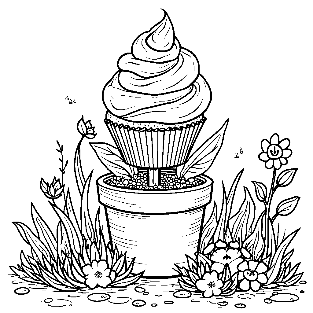 Cupcake growing out of a flower pot with green leaves