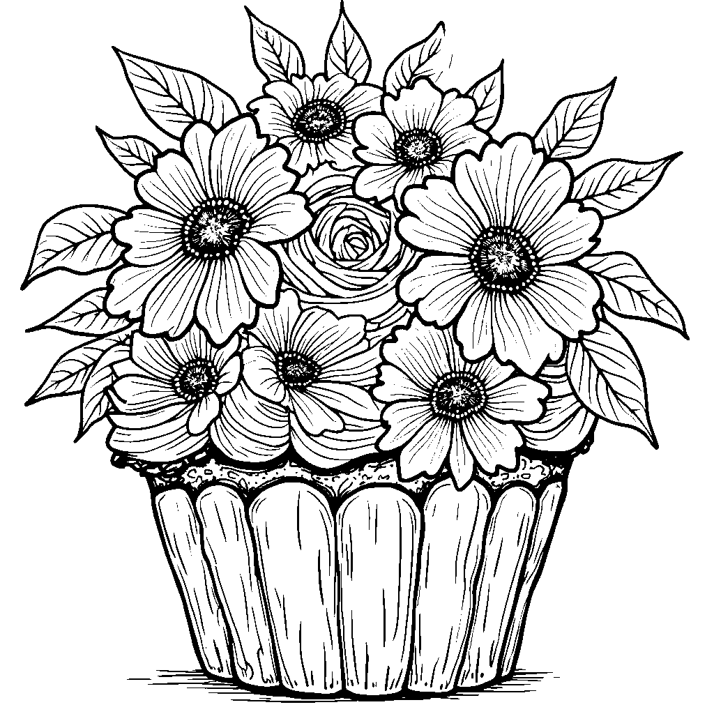 Cupcake holding a bouquet of colorful flowers