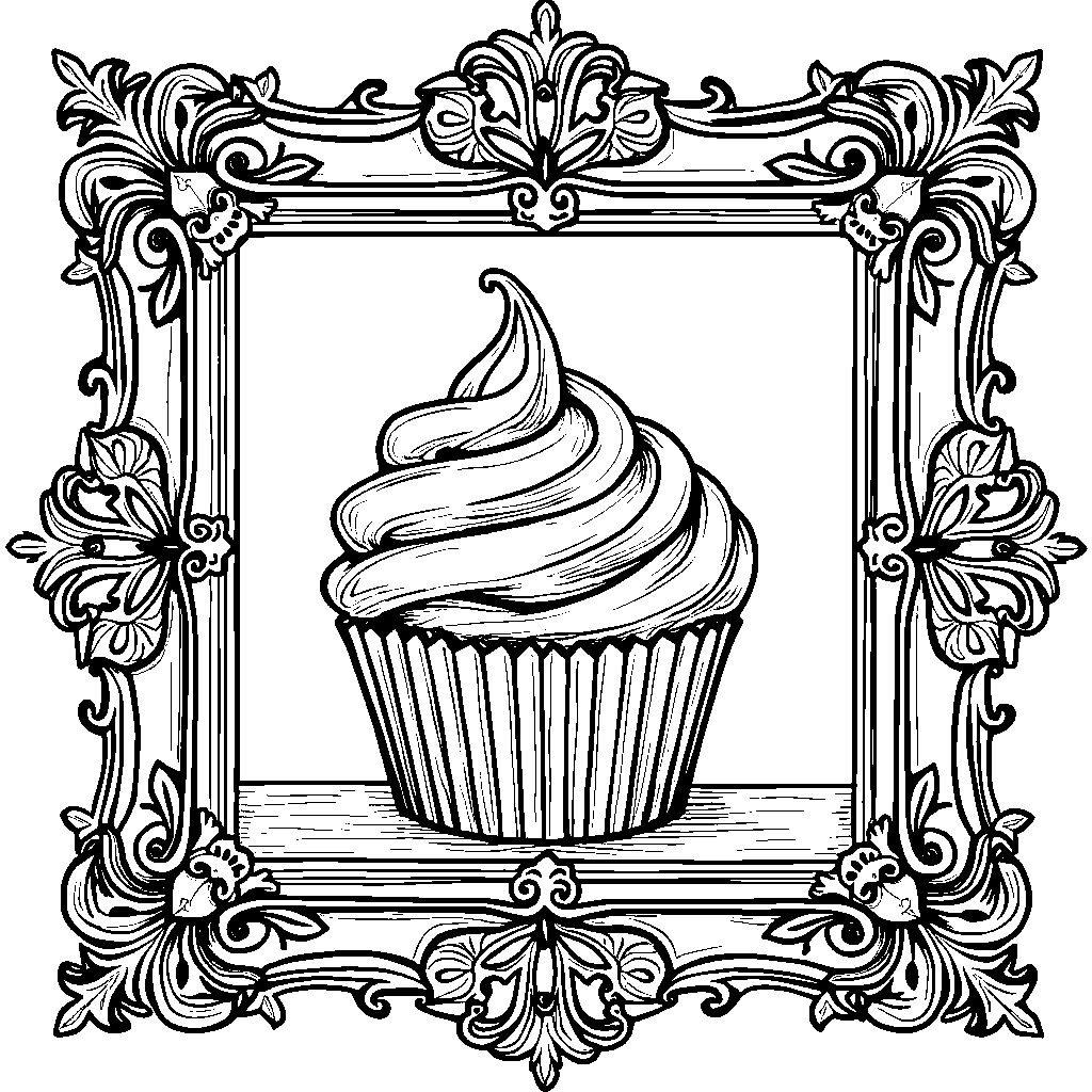 Cupcake in a beautiful, ornate frame with intricate designs