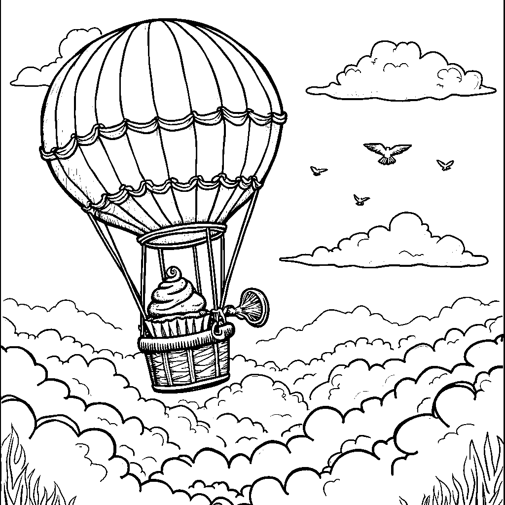 Cupcake in a hot air balloon soaring above the clouds